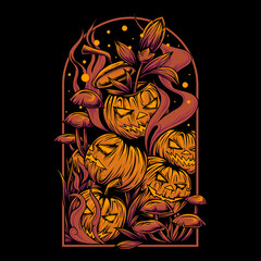 Scary pile of halloween pumpkins with grave peg frames