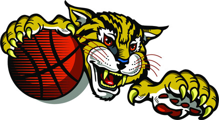bobcat basketball mascot holding ball in claw for school, college or league
