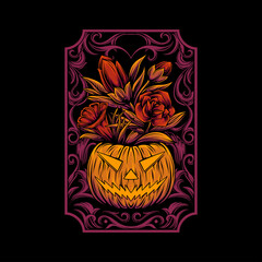 Halloween pumpkin with flowers and background ornament
