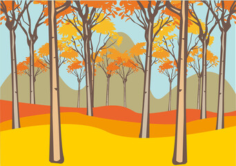 Bosque otoñal con montañas al fondo.