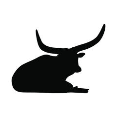 Vector silhouette of a bull. Pet. Silhouette of cattle. The animal is lying. Wild bull 2021. Vector print of an animal with long horns.