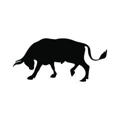 Vector silhouette of a bull. Wild animal. Silhouette of cattle. Animal in an attacking pose, emotion of aggression. Wild bull 2021, rodeo. Vector print of an animal with horns.