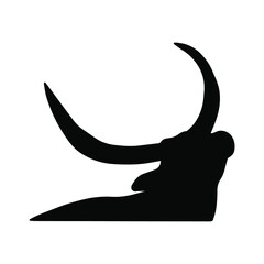 Vector silhouette of a bull, logo with a buffalo head. Head of a horned animal, sign of a calf. Vector bull head. Huge horns. bull look up.