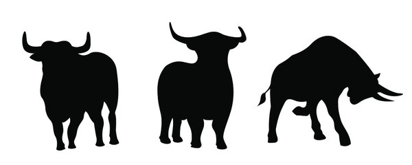 A set of vector illustrations of bulls in different poses. Silhouette of a powerful bull with horns, a bull in an attack pose, a calm pose. Animal as a symbol of 2021. Image of livestock, wild bulls.