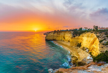 Landscape with Praia Vale de Centeanes at sunset. View from Miradouro Vale Centeanes, Algarve,...