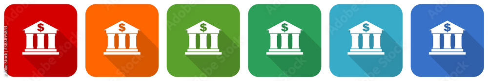 Poster bank icon set, flat design vector illustration in 6 colors options for webdesign and mobile applicat