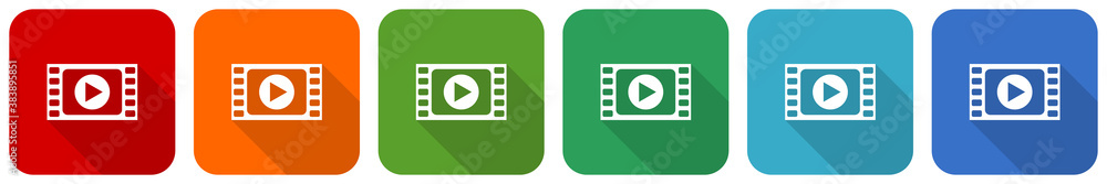 Poster video icon set, flat design vector illustration in 6 colors options for webdesign and mobile applica