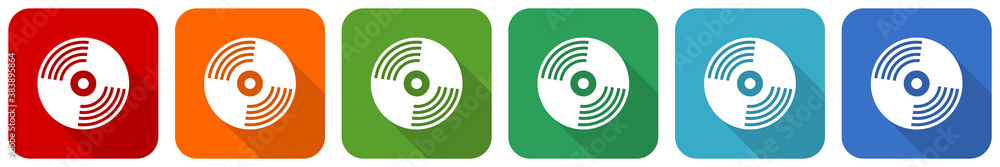 Poster vinyl music icon set, flat design vector illustration in 6 colors options for webdesign and mobile a