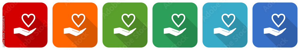 Aufkleber care love icon set, flat design vector illustration in 6 colors options for webdesign and mobile app