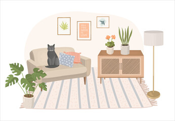Modern home interior with sofa, credenza, rug, floor lamp, house plants and sitting cat. Cosy living room vector illustration