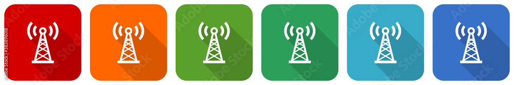 Poster Antenna, network icon set, flat design vector illustration in 6 colors options for webdesign and mobile applications