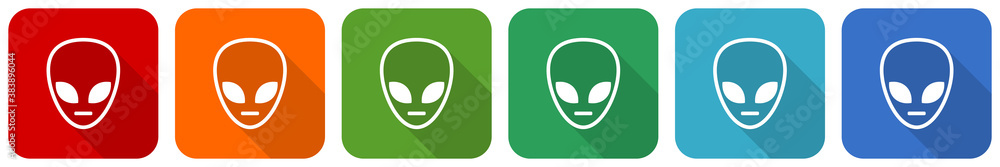 Poster Alien face icon set, flat design vector illustration in 6 colors options for webdesign and mobile applications