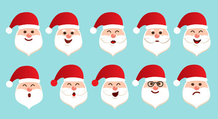 Set of different emotions character Santa Claus. Happy and sad face of Santa Claus with white beard. Isolated vector illustration in cartoon style
