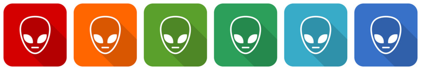 Alien face icon set, flat design vector illustration in 6 colors options for webdesign and mobile applications