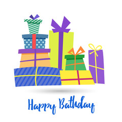 Happy Birthday greeting card Template. A pile of boxes with color gifts. can be used for cards for Christmas.