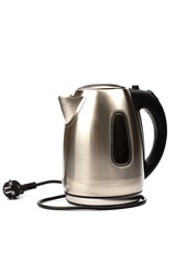 Electric kettle with stand isolated on white background. Electric cord with plug.