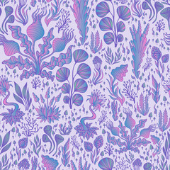 Obraz premium Colorful decorative fantasy plants seamless pattern, gradient pink blue color, isolated on lilac background.
