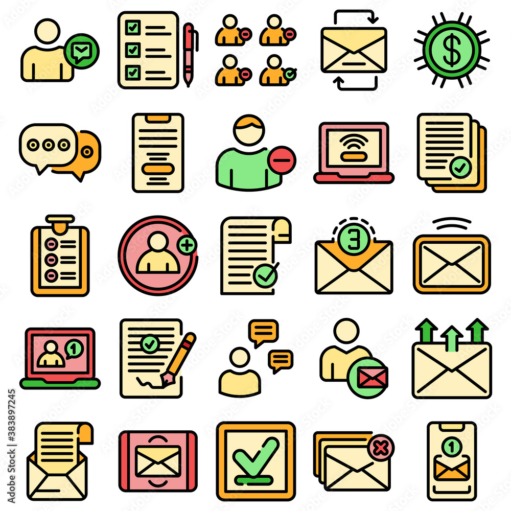 Poster request icons set. outline set of request vector icons thin line color flat on white