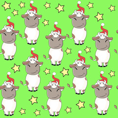 Funny cow in santa claus hat and stars seamless pattern on green background. Symbol 2021