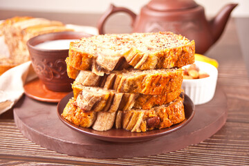 Freshly baked sliced banana bread on the plate