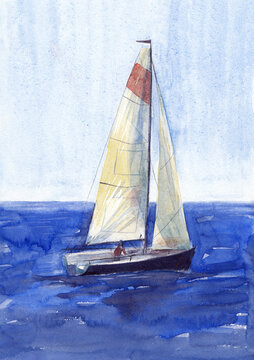 Watercolor illustration, hand drawn sailboat. Art print deep blue yacht sails, watercolor effect blue sky and ultramarine water.