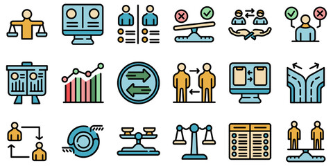 Comparison icons set. Outline set of comparison vector icons thin line color flat on white © ylivdesign