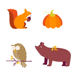 Autumn set of forest animals and plants