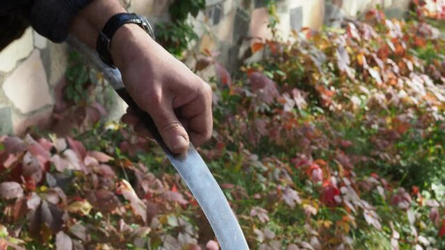 countryman sharpens scythe by grindstone close up on sunny autumn day
