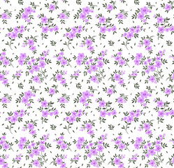 Floral pattern. Pretty flowers on white background. Printing with small lilac flowers. Ditsy print. Seamless vector texture. Spring bouquet.