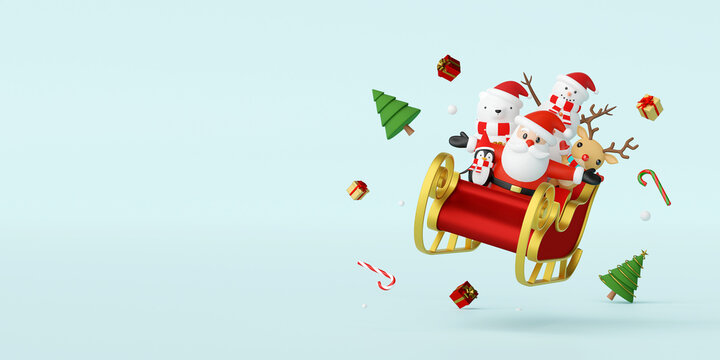 Merry Christmas and Happy New Year, Santa Claus and friend in a sleigh with Christmas decoration, 3d rendering