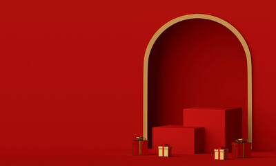 Fototapeta premium Merry Christmas and Happy New Year, Scene of red podium and Christmas gift with copy space, 3d rendering