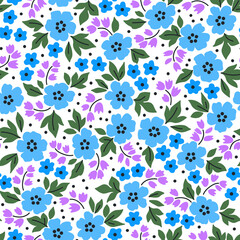 Vintage floral background. Seamless vector pattern for design and fashion prints. Flowers pattern with small blue flowers on a white background. Ditsy style.