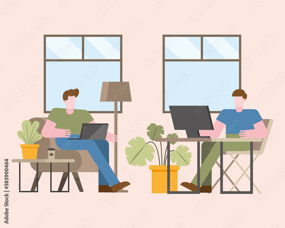 Poster men with laptop and computer working from home vector design