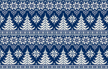 Winter Holiday Pixel Pattern with Christmas Trees. Traditional Nordic Seamless Striped Ornament. Scheme for Knitted Sweater Pattern Design or Cross Stitch Embroidery.