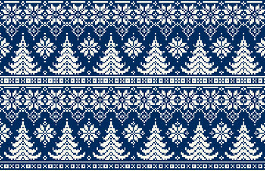 Winter Holiday Pixel Pattern with Christmas Trees. Traditional Nordic Seamless Striped Ornament. Scheme for Knitted Sweater Pattern Design or Cross Stitch Embroidery.