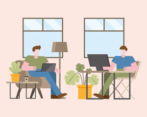 Men with laptop and computer working from home vector design