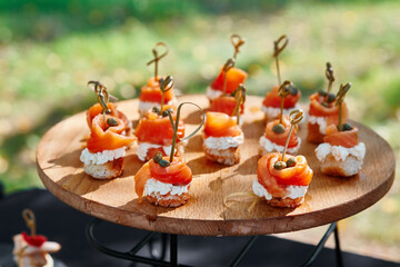 Outdoor catering banquet in summer. Table with snacks and canapes  at a summer banquet