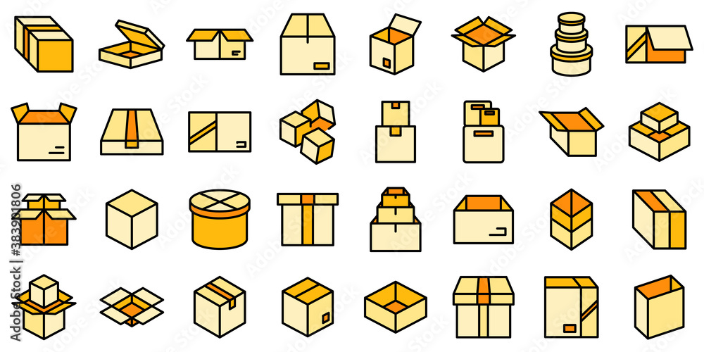 Aufkleber box icons set. outline set of box vector icons thin line color flat on white