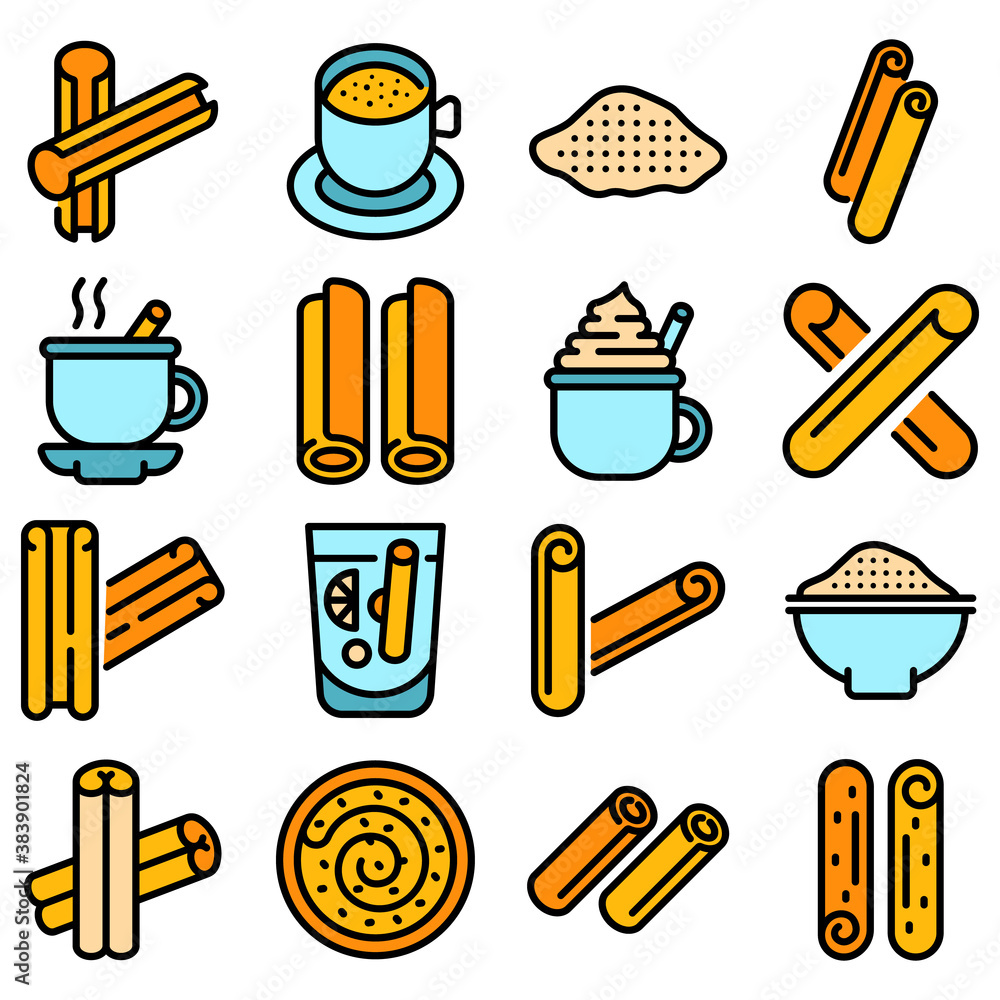 Poster cinnamon icons set. outline set of cinnamon vector icons thin line color flat on white