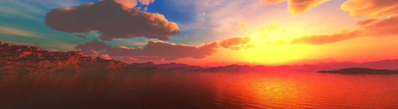 Panorama of the sea sunset, beautiful ocean sunset in the clouds, dramatic sunrise over the ocean, 3D rendering
