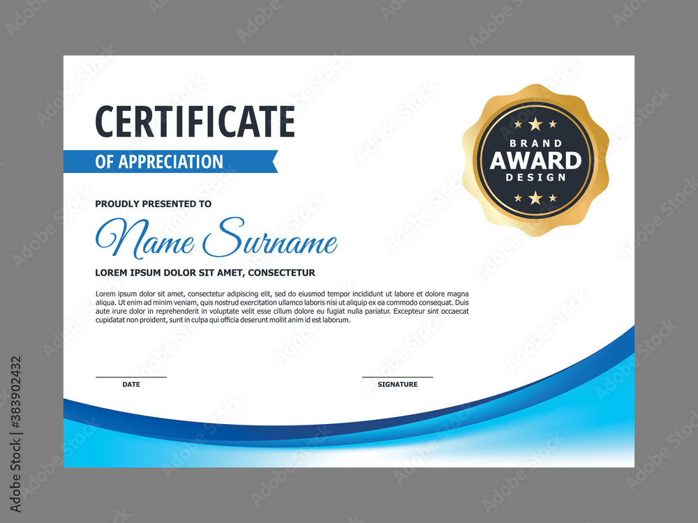 Poster abstract smooth certificate with blue curvy element design, professional modern certificate with gol