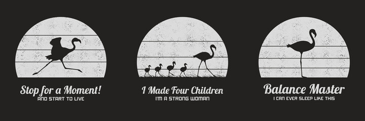 Set of black and white retro illustrations with silhouettes of flamingos. Animal mother and children. Texture backgrounds with endangered bird in wild. Vector vintage designs for prints, t-shirts © arvitalya