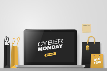 Online shopping concept. Cyber monday. Big sale. Workspace with laptop and shopping bags . Vector illustration