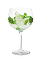 Glass of Mojito summer alcoholic cocktail with ice cubes mint and lime on white.