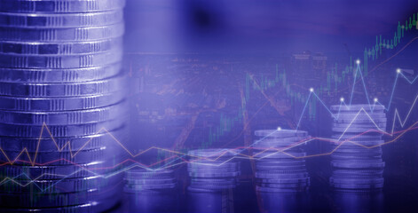 Financial investment concept, Double exposure of city night and stack of coins for finance investor, Forex trading candlestick chart economic , ECN Digital economy, business, money, passive income.