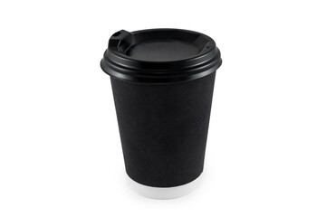 Black paper coffee cup on white background. Blank paper cup of coffee disposable for take away or to go for the application logo, space for design layout.