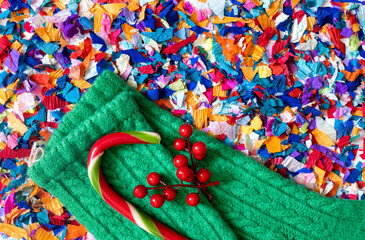 Colorful confetti candy sock branch bright green red new year