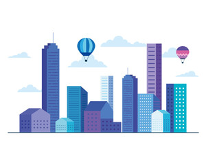 Fototapeta premium City buildings with hot air balloons and clouds vector design
