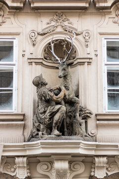 Sculpture Of Saint Hubert With A Deer In Prague, Czechia in Winter
