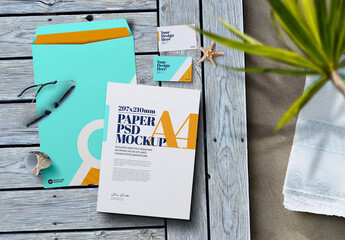 Stationery Mockup, Envelope, and Business Card on Beach with Sea and Sand